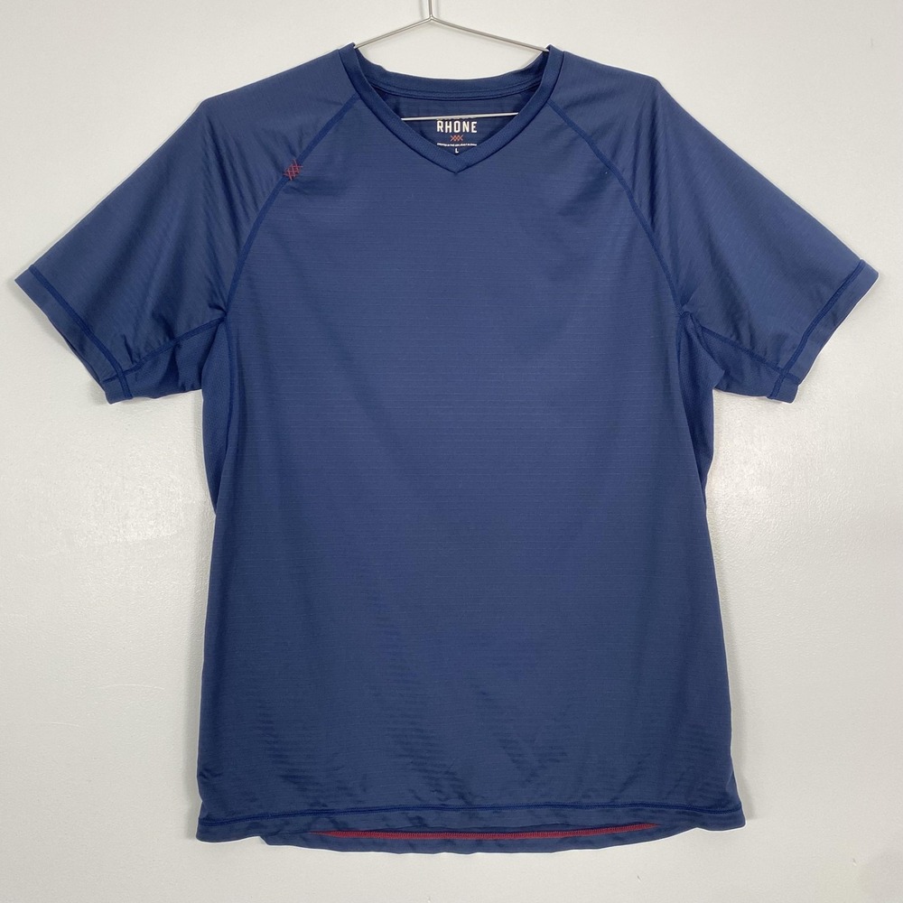 Rhone Shirt Mens Large Blue V Neck Short Sleeve Performance Athletic Tee Running